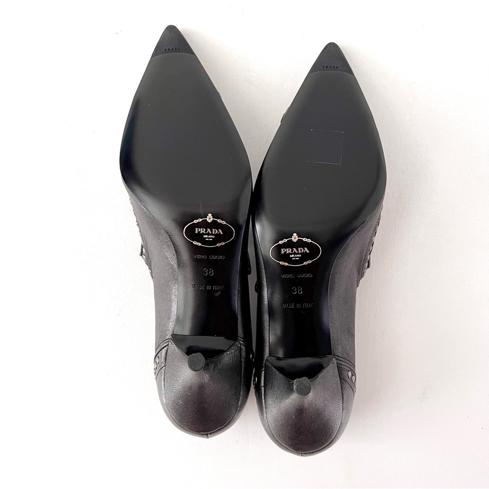 New PRADA | Dark Gray Metallic Studded Mary Jane Pointed Pumps Heels EU 38 New - Picture 12 of 15